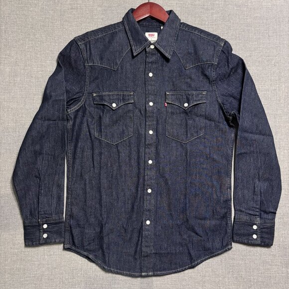 Levis Mens Western Standard Fit Denim Shirt Snap Button Closure Navy Blue Small - Picture 1 of 16